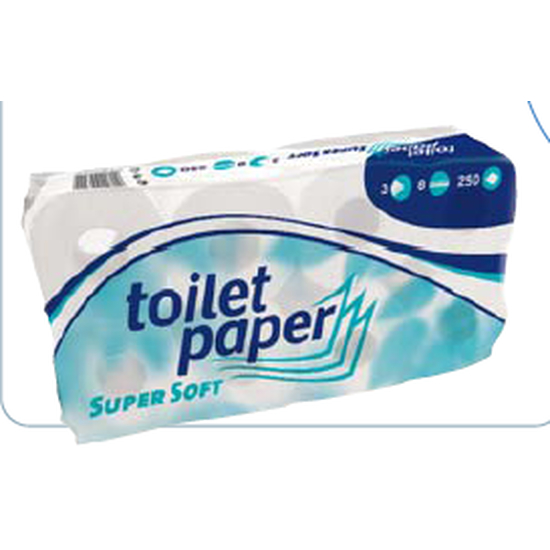 Floormagic Super Soft Toilettenpapier 3-lagig, 9 x 8 Rollen mit 250 Blatt, hochweiss, reiner Zellstoff